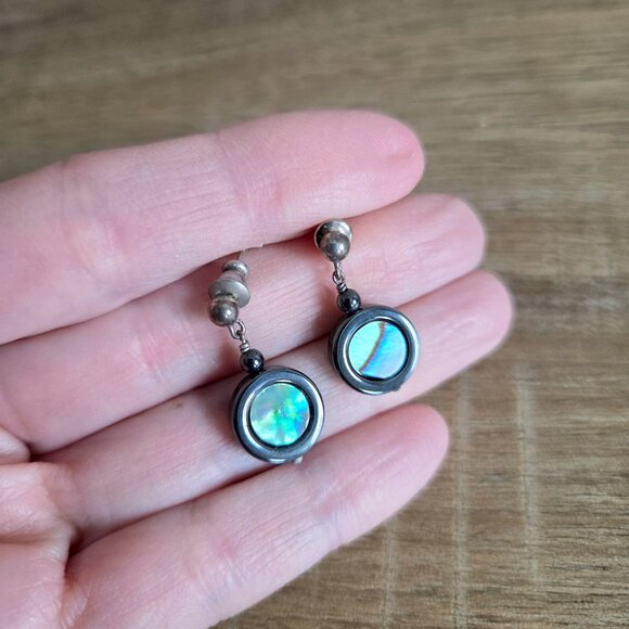 handmade Jewelry - Hand made Hematite and Abalone shell dangling earrings w/silver studs.
